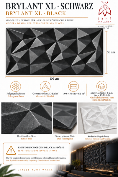 Wandpaneel Brylant XL aus Polystyrolschaum mit geometrischem 3D Relief 100 mal 50 Zentimeter zur dekorativen Wandgestaltung im Innenbereich