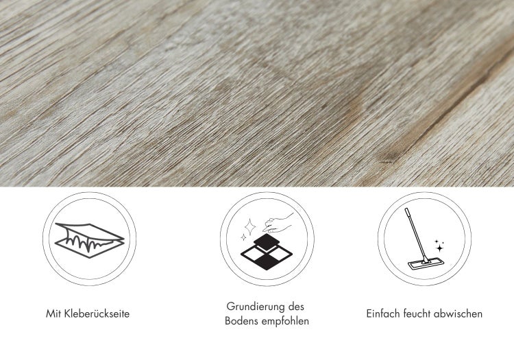Vinylboden mit Holzoptik Oberfläche und Symbolen für selbstklebende Rückseite, empfohlene Grundierung und einfache feuchte Reinigung.