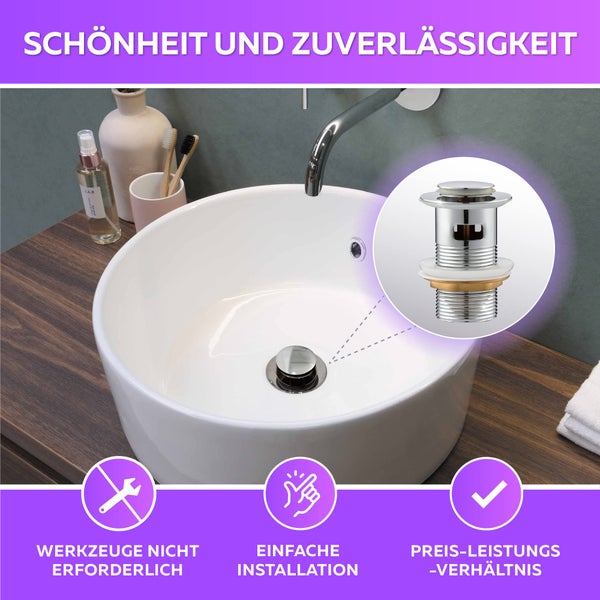 Waschbecken mit Ablaufgarnitur und den Hinweisen: Werkzeug nicht erforderlich, einfache Installation und gutes Preis-Leistungs-Verhältnis