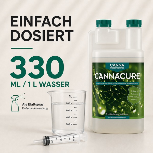 CannaCure Pflanzenschutzmittel in Kunststoffflasche mit Dosieranleitung Messbecher und Spritze