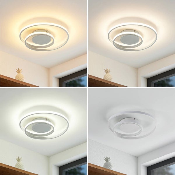 LED-Deckenleuchte im Spiral-Design mit Darstellung von vier Lichtstimmungen: Warmweiß, Neutralweiß, Tageslichtweiß und im ausgeschalteten Zustand.