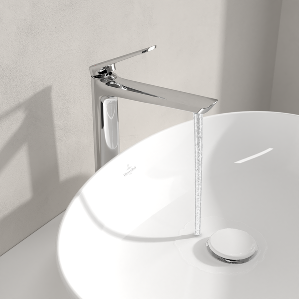 Villeroy & Boch Oasis Waschtischarmatur erhöht, ohne Ablaufgarnitur, Wasserhahn Bad mit Keramikkartusche, Waschbeckenarmatur wassersparend, Auslauf Höhe 245mm, rund, Chrom