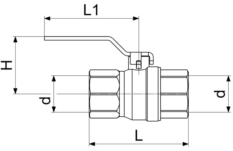 Maßzeichnung eines Kugelhahns mit Angaben für Länge, Höhe und Durchmesser.
