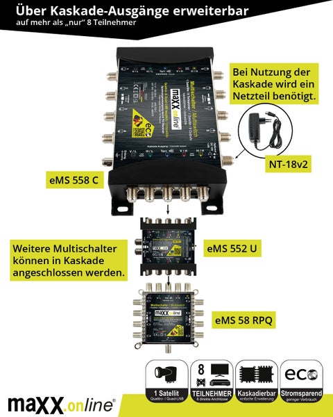 Kaskade Multischalter 8 Teilnehmer & 1 Satellit, Quad- & Quattro LNB tauglich, DVB-S Multiswitch 5/8 mit eco Sparmodus, Terr. aktiv