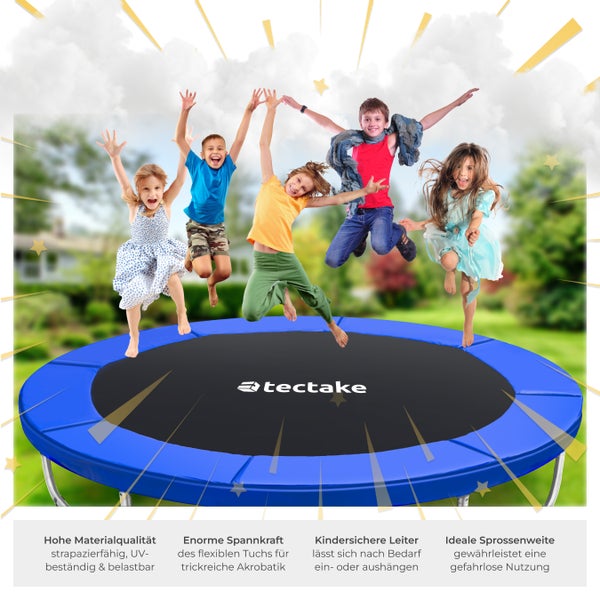 Eine Gruppe Kinder springt auf einem blauen Tectake Trampolin im Garten.