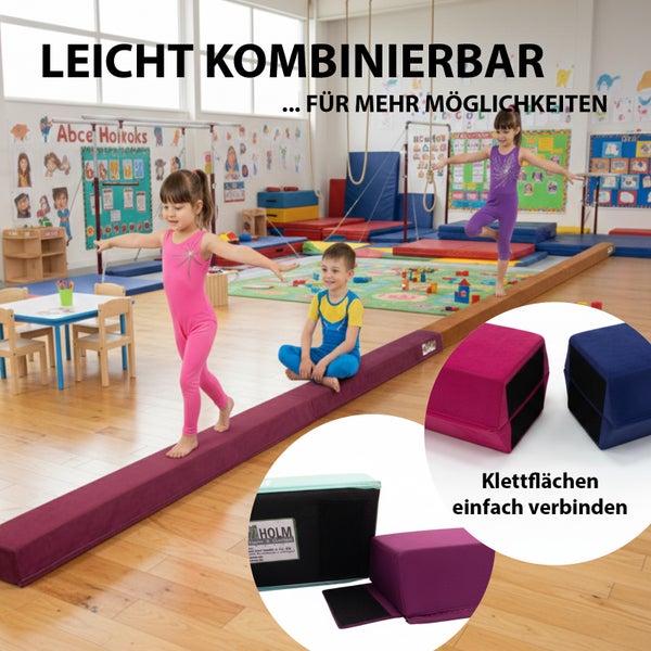 Klappbarer Schwebebalken für Gymnastik und Physiotherapie, verwendet von Kindern und Senioren in einer Sporthalle, Trutzholm Logo.