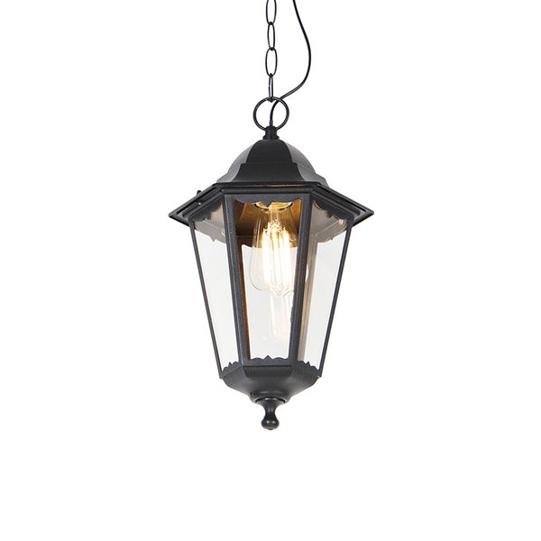 Klassische schwarze Außenhängeleuchte in Laternenform aus Metall mit Glaseinsätzen, Kette und sichtbarem Leuchtmittel.