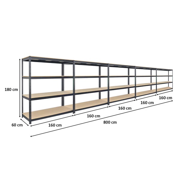 PROREGAL Mega Deal 5x Profi Schwerlastregal Bison HxBxT 200 x 180 x 60 cm 4 Fachböden Fachlast 600 kg Schwarz