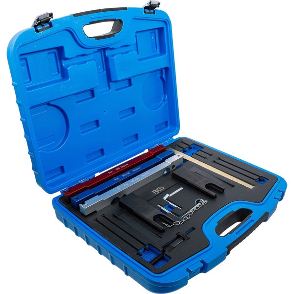 Motor-Einstellwerkzeugsatz in einem blauen Werkzeugkoffer