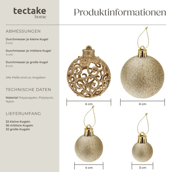 Produktinformationen zu einem Set Weihnachtskugeln von tectake home mit unterschiedlichen Durchmessern