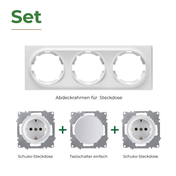 Set mit dreifach Abdeckrahmen, zwei Schuko Steckdosen und einem einfachen Tastschalter