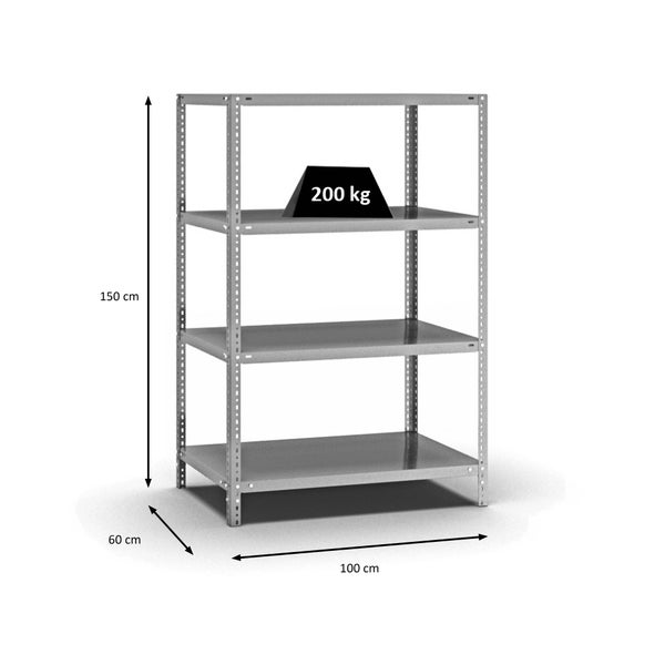 PROREGAL Fachbodenregal Schraubsystem Medium-Duty Grundregal HxBxT 150 x 100 x 60 cm 4 Ebenen Fachlast 200 kg Beidseitig Nutzbar Verzinkt