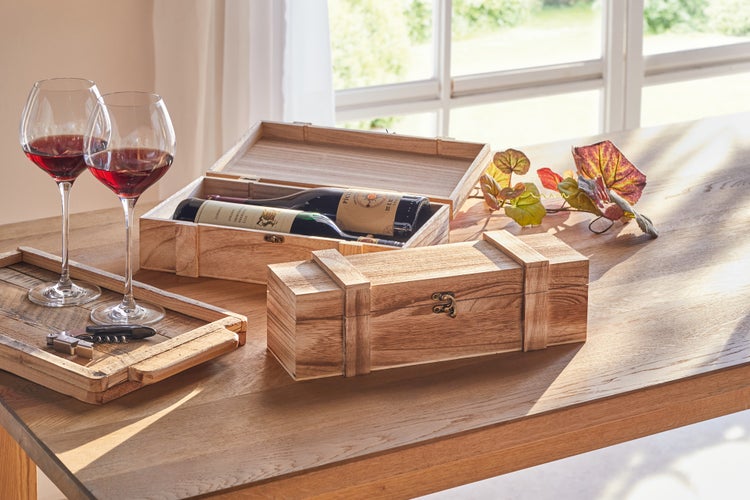 FRANK FLECHTWAREN | Holztruhe Rustikal, für 1 Flasche, HOLZ, 36 x 12 x 11 cm, ohne Inhalt