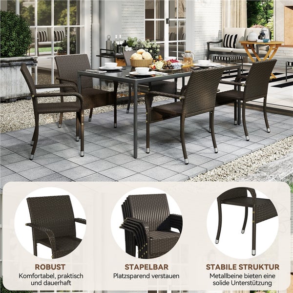 Helle Terrasse mit Garten-Essgruppe: Glastisch und sechs stapelbare Flechtsessel. Details betonen Robustheit, Stapelbarkeit und Stabilität.