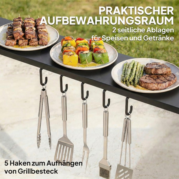 Stabiler Grillpavillon mit pulverbeschichtetem Stahlrahmen, zusätzlichen Verstärkungsstäben und Bodenverankerung durch Spreizschrauben.