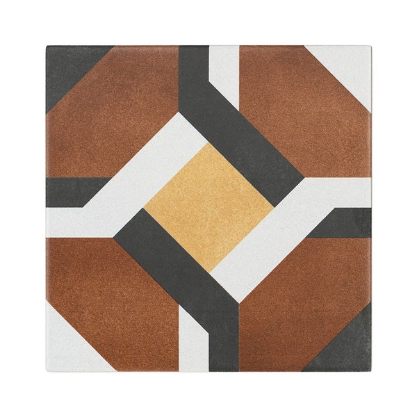 Quadratische Bodenfliese oder Wandfliese mit geometrischem Muster aus Steinzeug in mehrfarbiger Optik für den Innenbereich