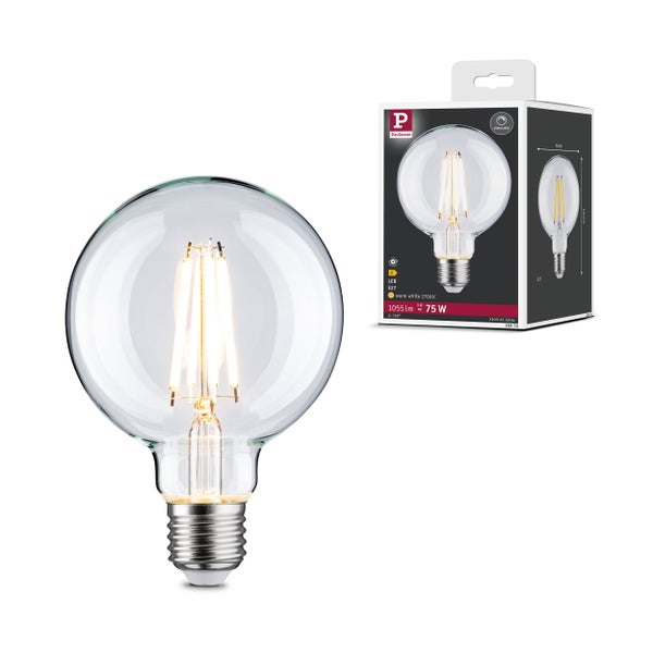 Paulmann LED Globelampe E27, 9 Watt, 1055 Lumen, 2700 Kelvin, dimmbar, warmweißes Licht in transparenter Glaskugelform.