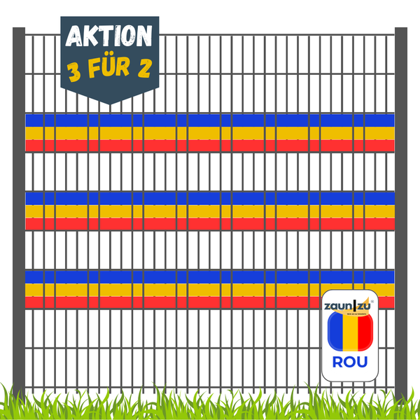 Zaun mit Aktionshinweis 3 für 2 und Landesflagge Rumänien