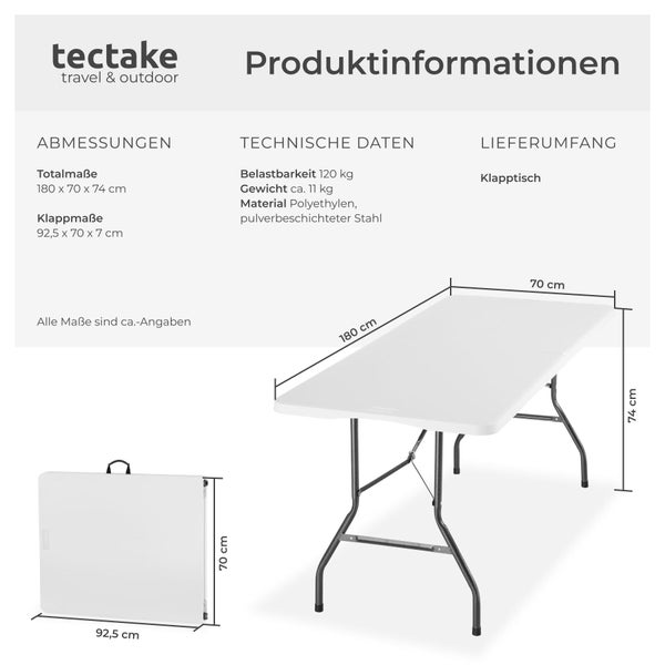tectake Klapptisch aus Polyethylen und Stahl, Maße 180 mal 70 mal 74 Zentimeter, Belastbarkeit 120 Kilogramm.