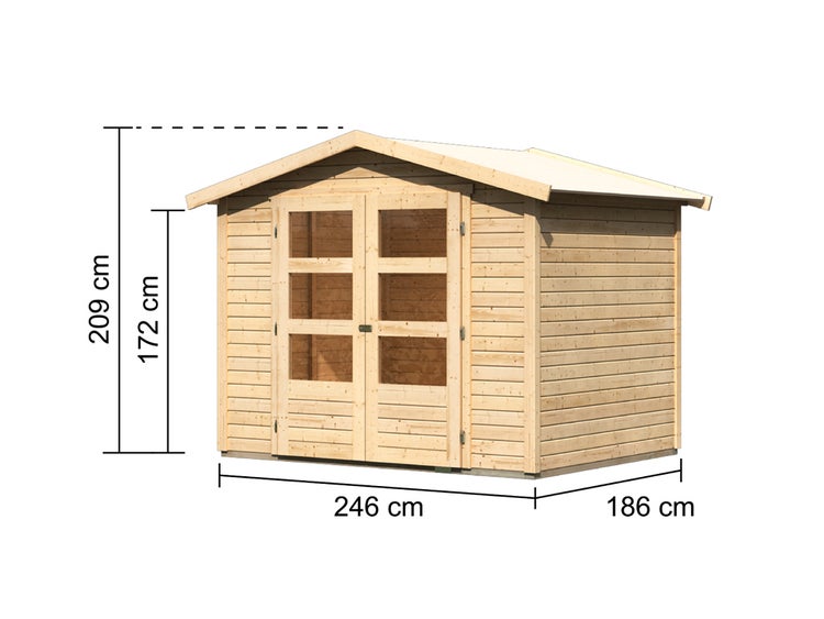 Gartenhaus aus Holz mit Doppelflügeltür und Glaseinsätzen. Maße: Breite 246 Zentimeter, Tiefe 186 Zentimeter, Firsthöhe 209 Zentimeter.
