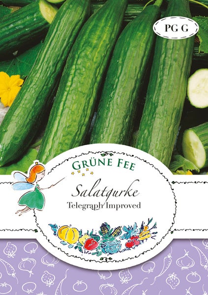 Samentüte für die Salatgurke Telegraph Improved mit Grüne Fee Logo und Abbildung von langen grünen Gurken.
