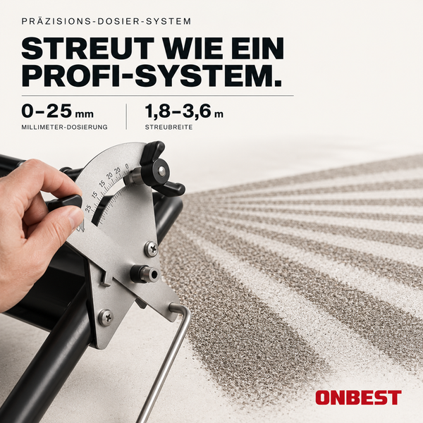 Hand verstellt das Präzisions-Dosier-System eines Streuwagens, Streubreite 1,8 bis 3,6 Meter, Dosierung bis 25 Millimeter, Onbest Logo.
