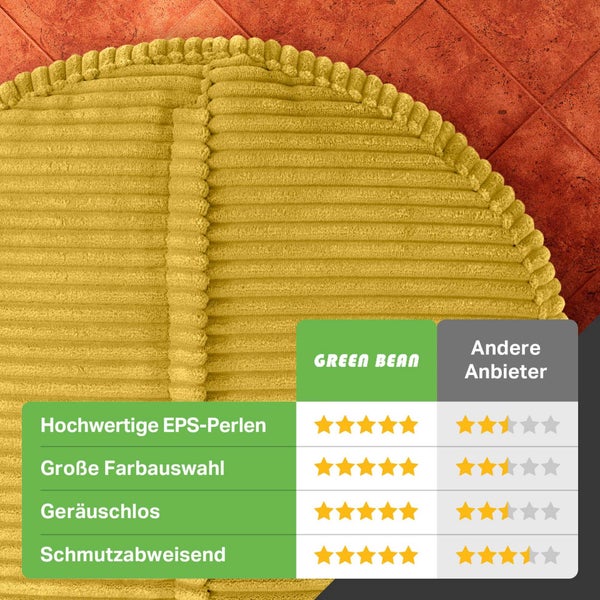 Green Bean Pouf-Kissen 45x25cm mit EPS-Perlen Füllung & Cordstoff Bodenkissen Liegekissen Sitzkissen Sitzhocker Sessel Kinder Erwachsene Stoff Hocker Ablage Gelb