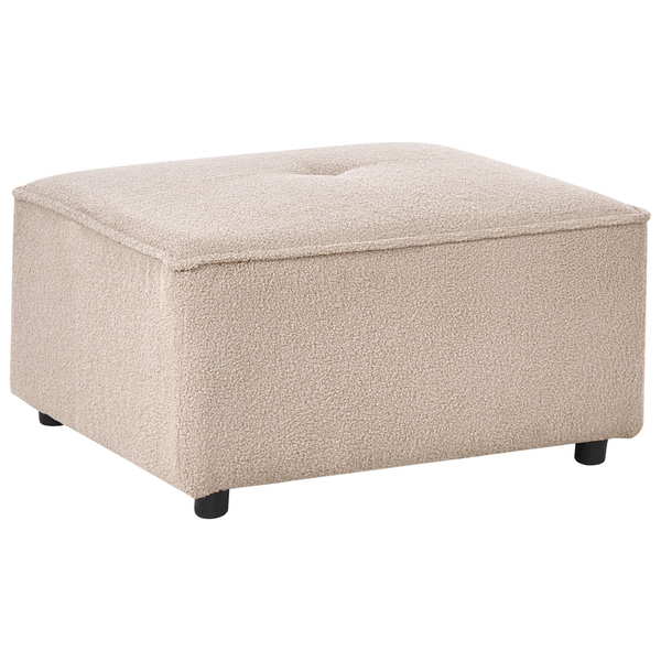 Beiger rechteckiger Hocker aus Bouclé-Stoff mit Knopfsteppung und kleinen schwarzen Füßen.