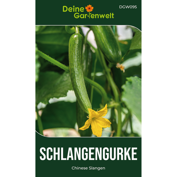Samenpackung für Schlangengurke Chinese Slangen von Deine Gartenwelt mit wachsenden Gurken, einer Blüte und Deine Gartenwelt Logo.