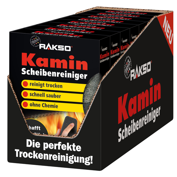 Rakso Kamin-Scheibenreiniger zur Trockenreinigung, Stahlwolle-Schwämme im Displaykarton mit Rakso Logo, hergestellt in Deutschland.