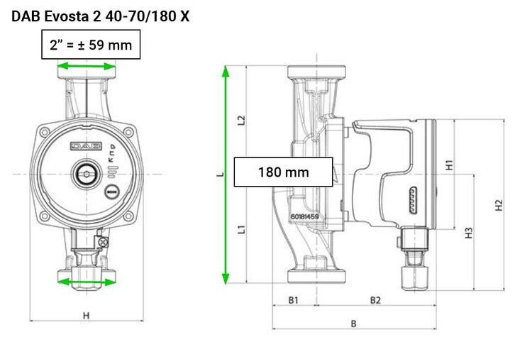 DAB Evosta 2 40-70/180 X Umwälzpumpe (Heizungspumpe) - 3.600 L/Std. - 35W - Förderhöhe 6,9 m - Einbaugröße 180 mm - Mit Energielabel A.