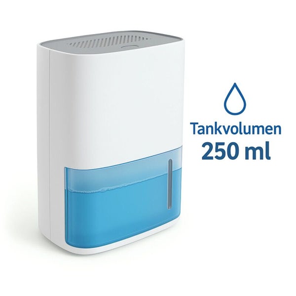 Luftentfeuchter mit einem Wassertankvolumen von 250 Milliliter.