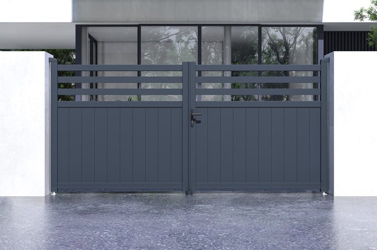 Drehtor 3,4m NEVIS H.160cm Aluminium + 2 EIFEL-Pfosten 15x15cm H.190cm GRAU
