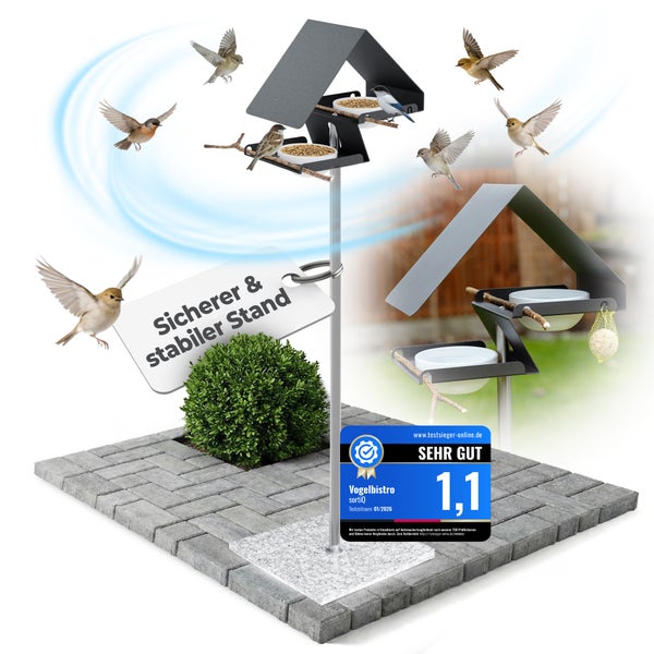 Vogelhaus mit Futternapf und Wasserschale auf einem Gartenstück mit fliegenden Vögeln