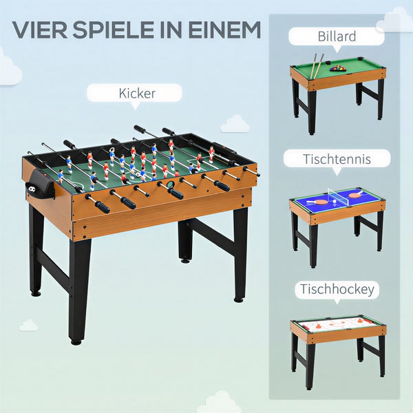 4-in-1 Multi-Spieltisch mit Funktionen für Tischfußball, Billard, Tischtennis und Tischhockey in Holzoptik mit schwarzen Standbeinen.