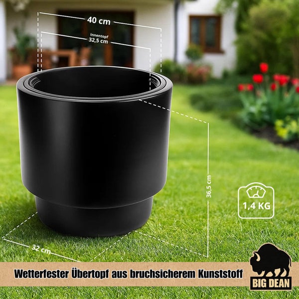 Schwarzer Pflanztopf aus Kunststoff mit Größenangaben im Garten
