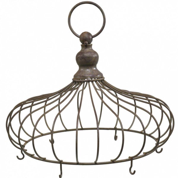 Dekorativer Hängekorb aus Metall mit Haken zur Aufbewahrung.