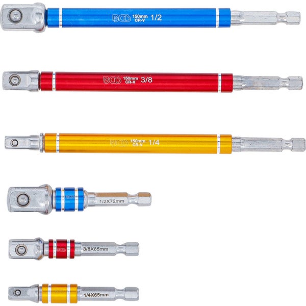 BGS Adapter-Satz für Bohrmaschinen farbig Antrieb Außensechskant 6,3 mm (1/4) Abtrieb Außenvierkant 6,3 mm (1/4) / 10 mm (3/8) / 12,5 mm (1/2) 75 - 150 mm 6tlg. - 74424