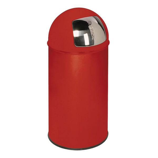 Roter zylindrischer Abfalleimer aus Metall mit silbernem Push-Deckel.