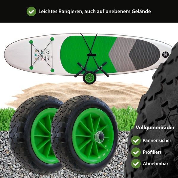 Transportwagen für Stand Up Paddle Boards mit pannensicheren Vollgummireifen für einfaches Rangieren auf verschiedenen Untergründen.