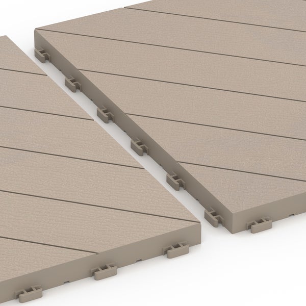 Zwei Terrassenfliesen aus Holz-Kunststoff-Verbundwerkstoff mit Holzstruktur werden über ein Klicksystem miteinander verbunden.