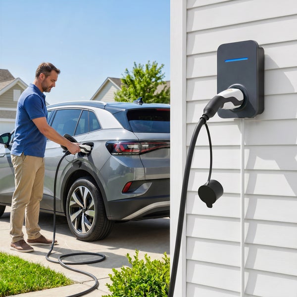 Mann lädt ein Elektroauto mit einer an der Hauswand montierten Wallbox auf.