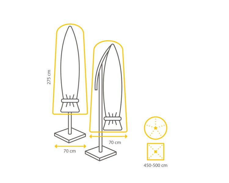 Technische Zeichnung eines Sonnenschirms mit Maßangaben.