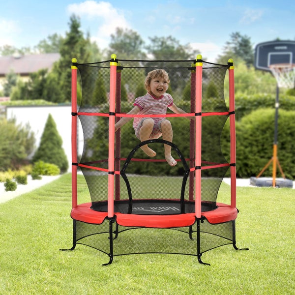 HOMCOM Kindertrampolin, Gartentrampolin mit Sicherheitsnetz, bis 50 kg, Ø163 cm, Stahl, Rot