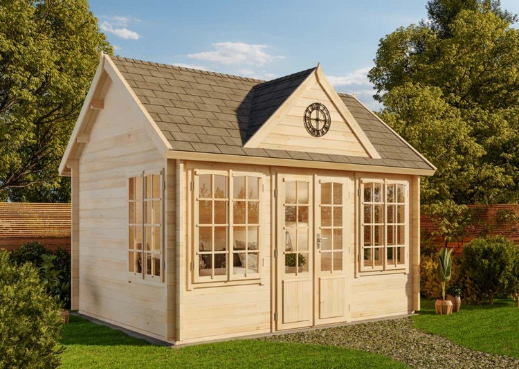 Alpholz Gartenhaus CLOCKHOUSE® 70 Royal ISO Gartenhaus aus Holz Holzhaus mit 70 mm Wandstärke, Blockbohlenhaus mit Montagematerial imprägniert