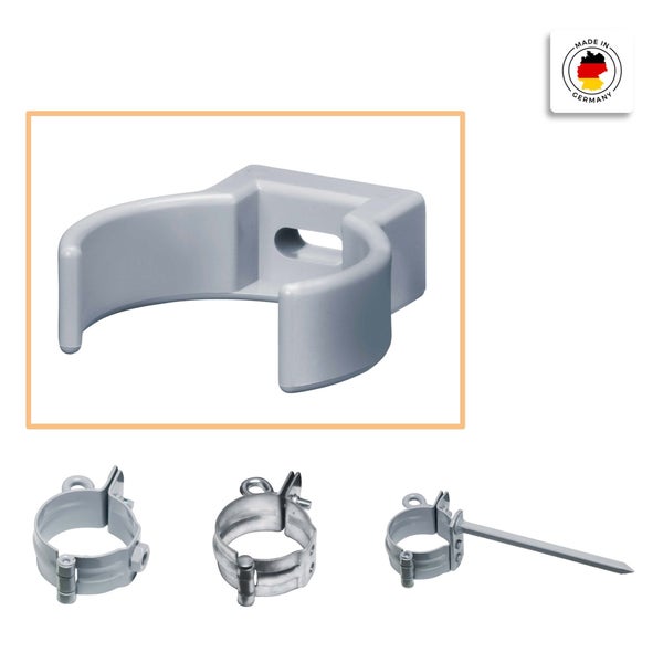 Rohrschellen und Halterungen für Regenfallrohre aus Kunststoff und Metall mit Siegel Made in Germany.
