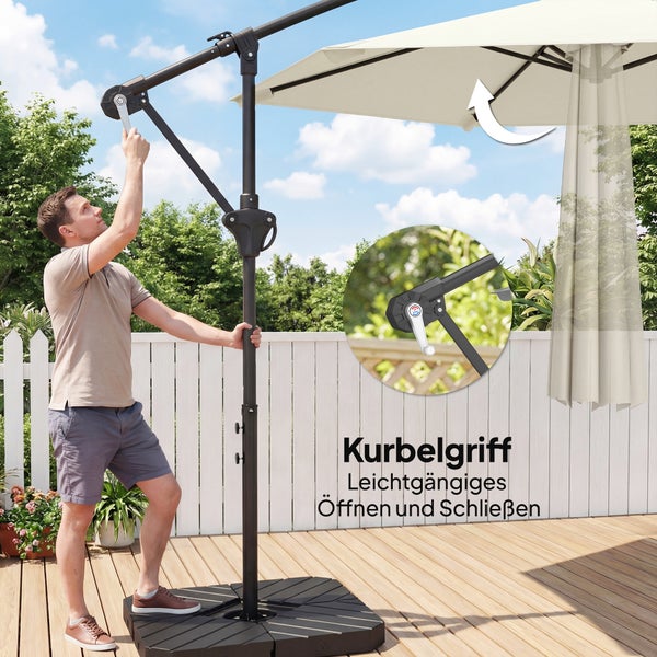 Solarbetriebene LED-Sonnenschirmbeleuchtung mit 24 LED-Perlen, 2000 mAh Akku und Ein- und Ausschalter auf einer Terrasse mit Loungemöbeln bei Nacht.