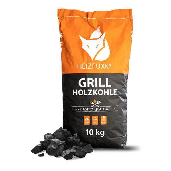 Heizfuxx Grill Holzkohle 10 Kilogramm Sack mit Gastronomie Qualitaet aus Hartholz fuer Holzkohlegrills.