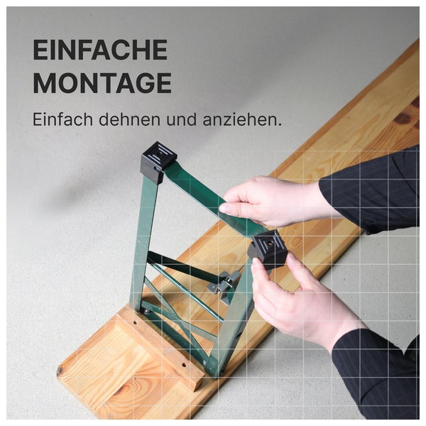 Montage eines Metallgestells an einer Holzbank durch Dehnen und Anziehen.