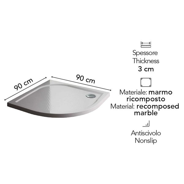 Viertelkreis-Duschwanne aus Mineralguss, 90 mal 90 Zentimeter, Stärke 3 Zentimeter, rutschfest.